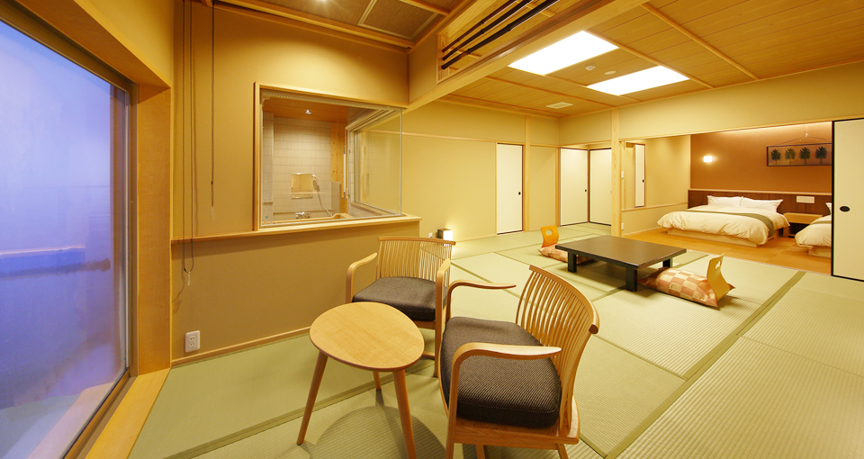 Japanese-Western style room with scenic cypress bath