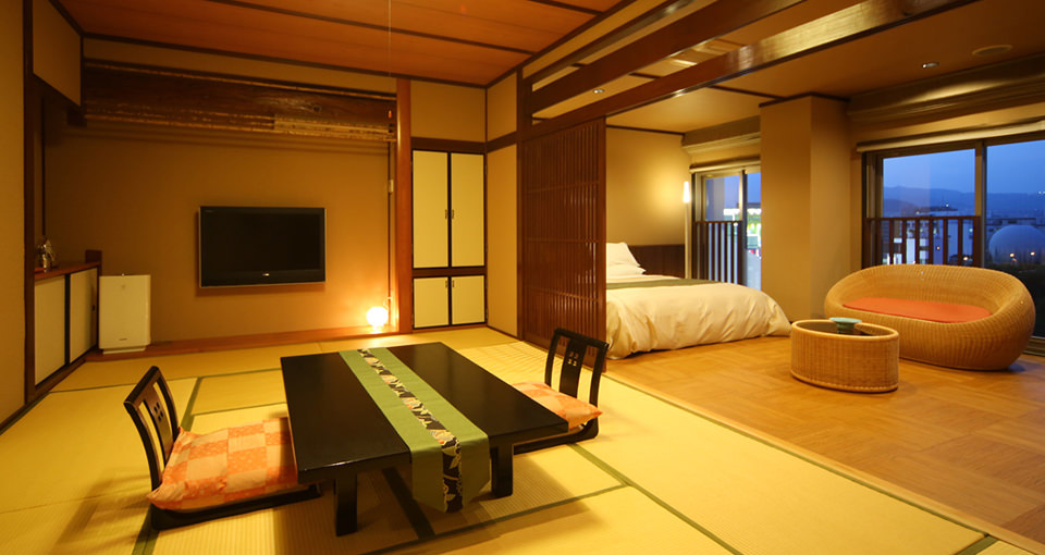 Japanese-Western style room with scenic cypress bath