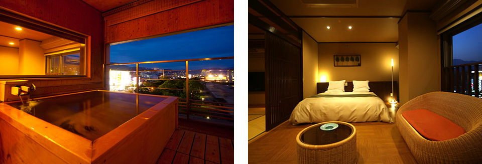 Japanese-Western style room with scenic cypress bath