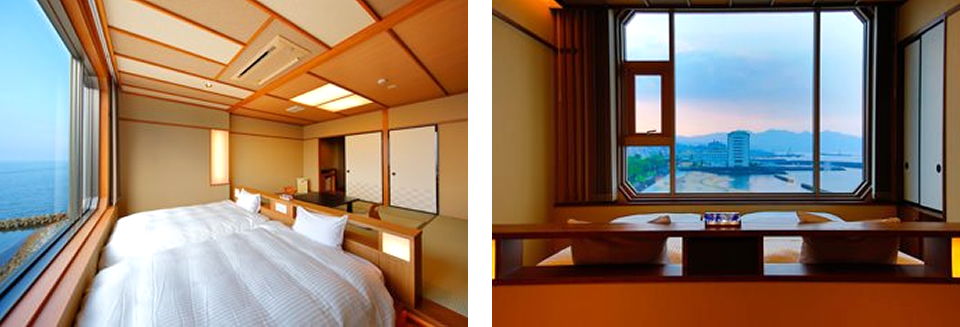Japanese-Western style room with scenic cypress bath