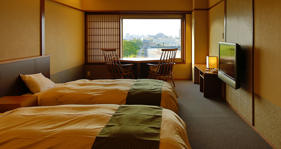 Japanese-Western style room with scenic cypress bath