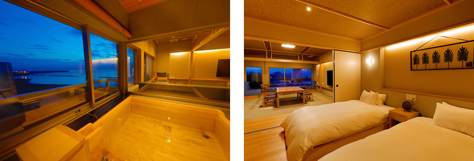 Japanese-Western style room with scenic cypress bath