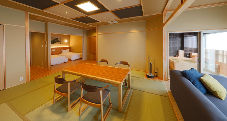 Japanese-Western style room with scenic cypress bath