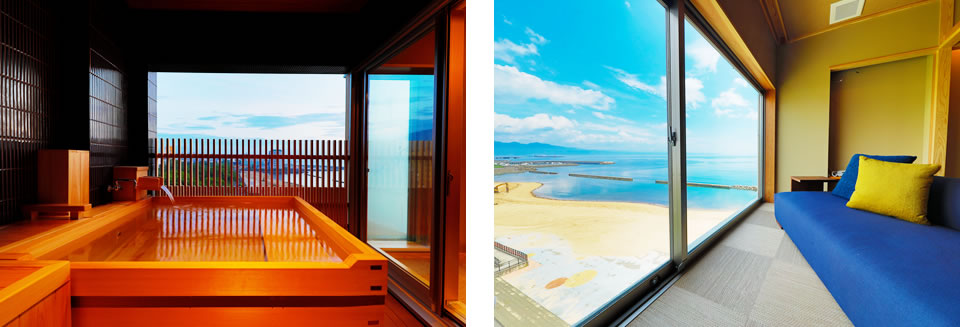 Japanese-Western style room with scenic cypress bath
