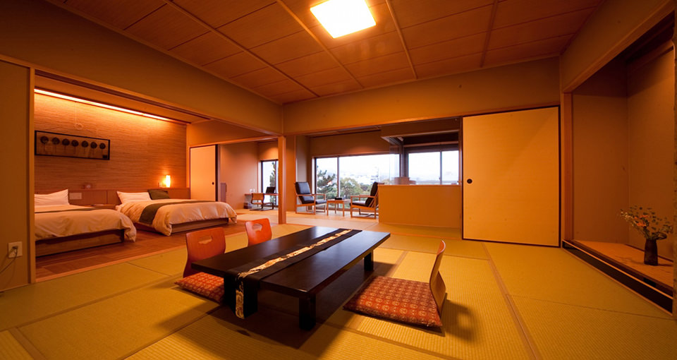 Japanese-Western style room with scenic cypress bath