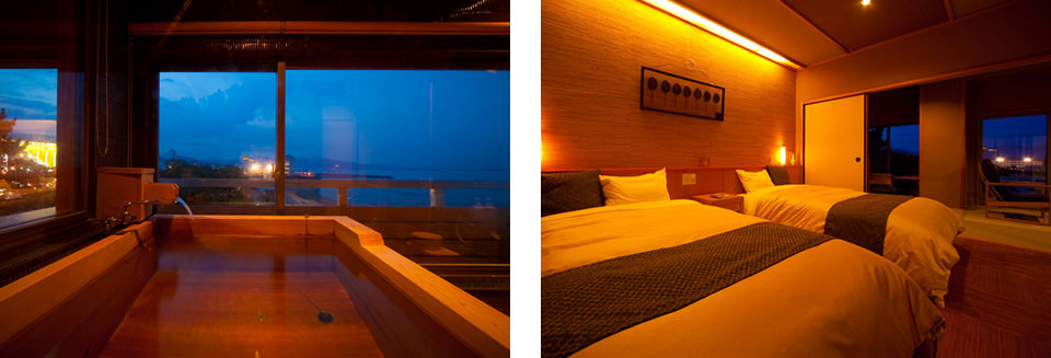 Japanese-Western style room with scenic cypress bath